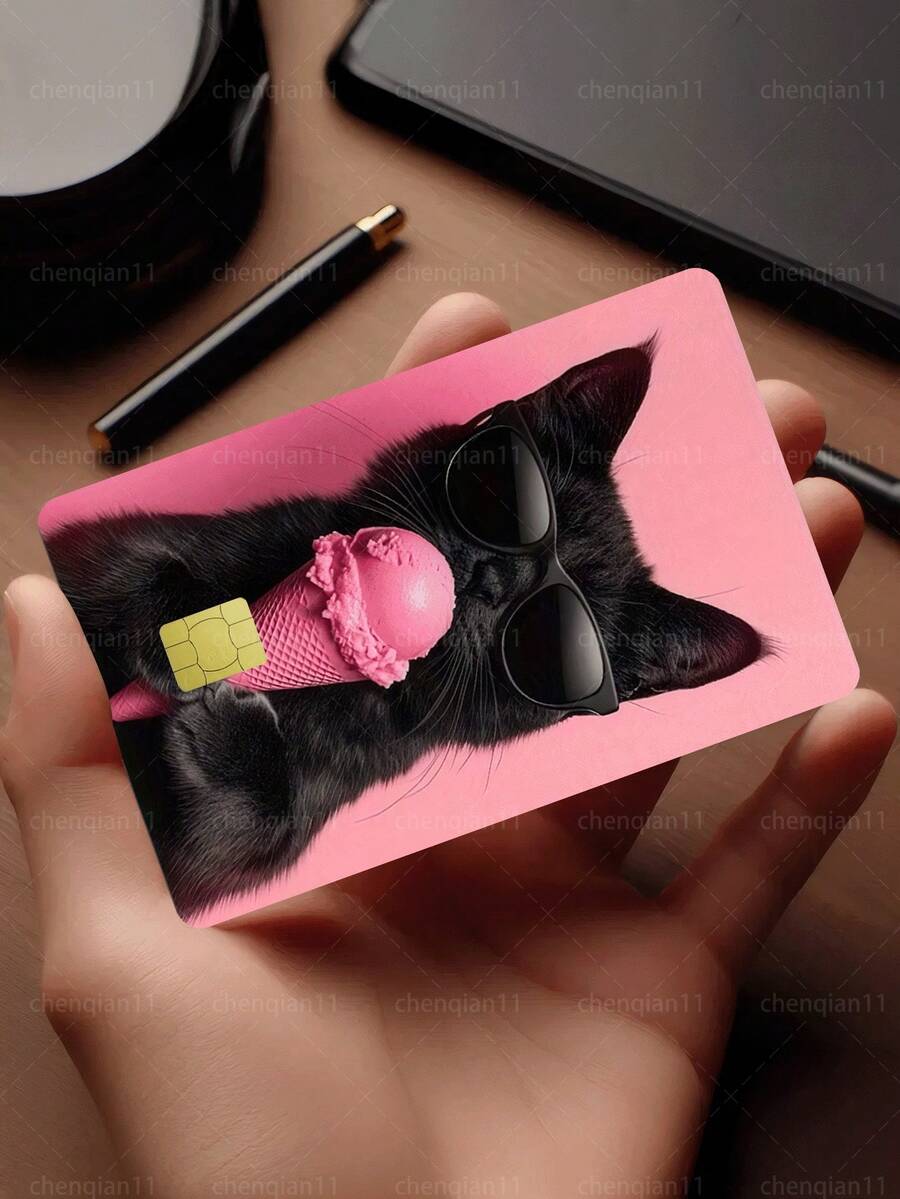 1pc Cone Cat Credit Card Sticker Privacy Protection Card Skin, Pink Party Birthday Gift PVC Material Anti-Fingerprint Anti-Scratch Wear-Resistant Card Sleeve, Suitable For Men, Women, Couples, Small Chip Card, Bank Card Decorative Sticker, Credit Card, Transportation Card, Student Campus Card Personalized DIY - Type a - View 1
