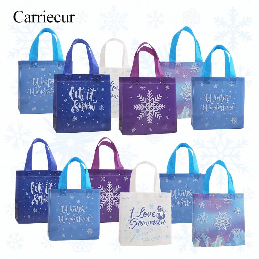 CARRIECUR Winter Wonderland wiederverwendbare Vliesstoff-Tragetaschen, 6 Designs Schneeflocken-Muster Geschenktüten mit bunten Griffen für Weihnachtsparty, Wintergeburtstag, Babyparty, Feiertage & Partyzubehör - Übersicht 1