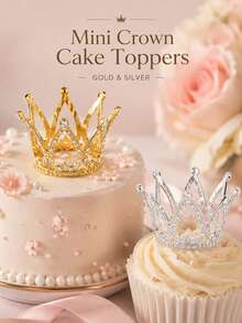 1/2/3pcs Mini Metal Crown Cake Toppers, Gold & Silver Princess Crown Cupcake Toppers For Birthday, Wedding, Bridal Shower & Royal Theme Party - Multicolor - View 2