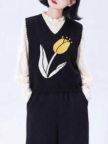 Alicedudu Women's Autumn Artistic Floral Pattern V-Neck Pullover Sweater Vest Black Fall - Black - View 6