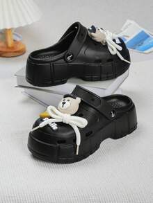 ASOFTER Women's Thick Sole Hollow Sandals, New Spring/Summer Design With Bear Pendant, Fries & Lace Decor, Suitable For Casual, Dating, Commuting, Fashion & Versatile - Black - View 5