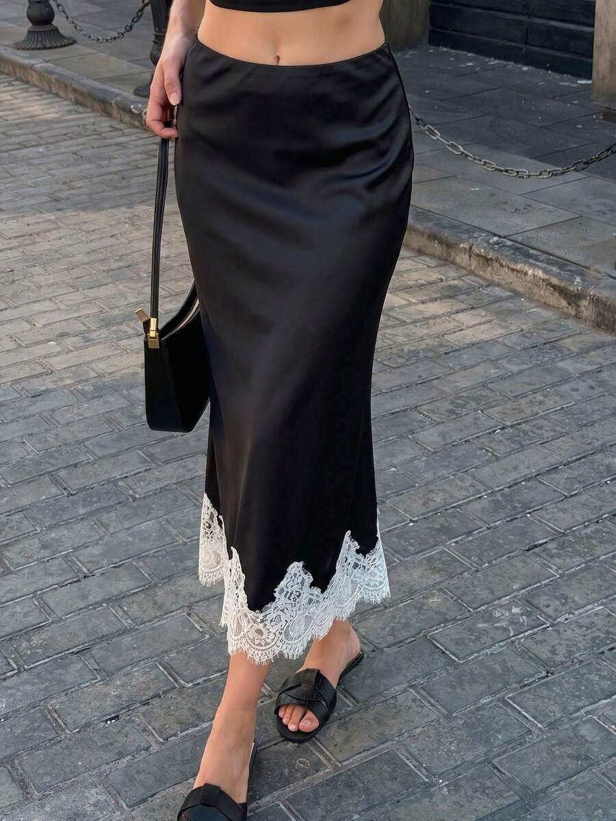 复古缎面波点撞色蕾丝撞色优雅时尚百搭女裙 - 黑與白 - 查看 1