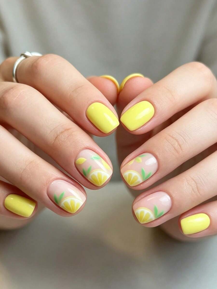 Show Your Beauty 24片夏季短方甲美甲貼片 經典優雅奶油黃亮面檸檬水果條紋法式綠葉亮色假指甲 時尚百搭穿戴甲 適合約會派對 春夏秋冬女性女孩日常佩戴 可拆卸式 附果凍膠與指甲銼條 易佩戴耐用 果凍膠隨機發貨 - 黃色 - 查看 1