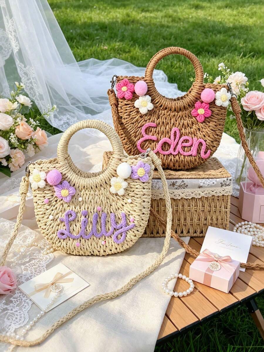 1pc Personalized Straw Beach Bag, Customizable In Pink For Girls, Printed With Your Name. Perfect For Vacation, Bridesmaid, Proposal, Friends Or Wedding, Gift For Her