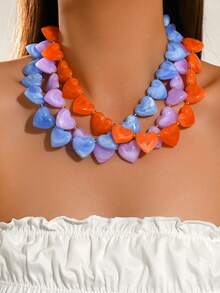 1pc Or 3pcs Fashionable Elegant Bohemian Dopamine Color Plastic Beaded Necklace, Asymmetrical Multi-Faceted Rhombus Pattern With CCB Multicolor Heart-Shaped Large Pendant Beaded Necklace, Create Fashionable Layered Look For Vacation, Party, Beach, Daily Wear Women's Jewelry Set Necklace, Plastic Position, Color, Pattern And Size Are Multicolor And Handmade, Each Bead Is Different But Does Not Affect Your Purchase - Multicolor - View 12