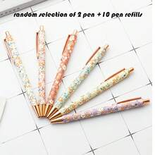 12支清新女孩風花卉圓珠筆，極具吸引力的Ins風筆，包含（2支隨機花紋筆 + 10支替芯），適合女性，可愛精美金屬圓珠筆，適用於辦公用品、精緻書寫工具、派對、婚禮、禮物、教師教室必需品 - 套裝 - 查看 5