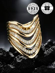 1pc 925 Sterling Silver Wave V-Shaped Cubic Zirconia Inlaid Ring, Size 7-11, Daily Wear Valentine's Day Gift, Comes With Gift Box - Gold - View 6