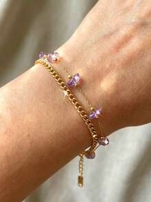 Light Luxury Purple Pendant Double Layer Bracelet 18K Gold Plated Cuban Chain Design Daily Commute / Date Versatile Niche Jewelry (Purple Pendant Size And Shape Vary Randomly) - Purple - View 4