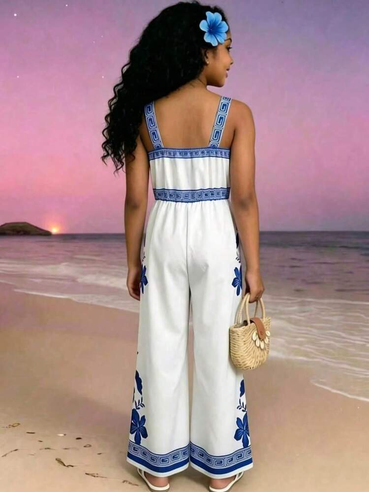 Girls Summer Jumpsuit 8-12 Years Old Spaghetti Strap Thick Shoulder Strap Vacation Style Coconut Tree Pattern Hawaiian Romper - White - View 5