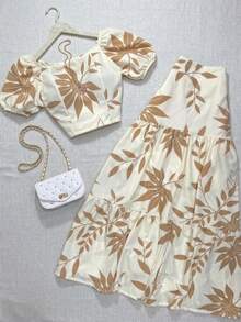 Leaf Print Bohemian Paper Bag Waist Beach Pants Elegant Summer - Multicolor - View 1