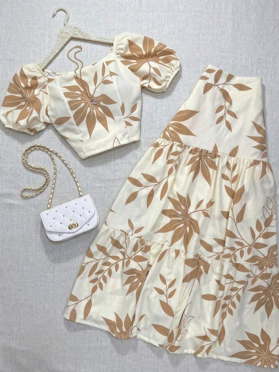 Leaf Print Bohemian Paper Bag Waist Beach Pants Elegant Summer - Multicolor - View 1