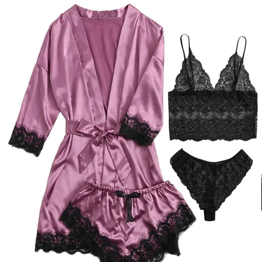Sexy Women's Pajamas, Nightgowns, Lingerie, Shorts, 4-Piece Lace Camisole, Pajama Set, Loungewear, Nightgowns, Leisurewear - 紫色 - 查看 1