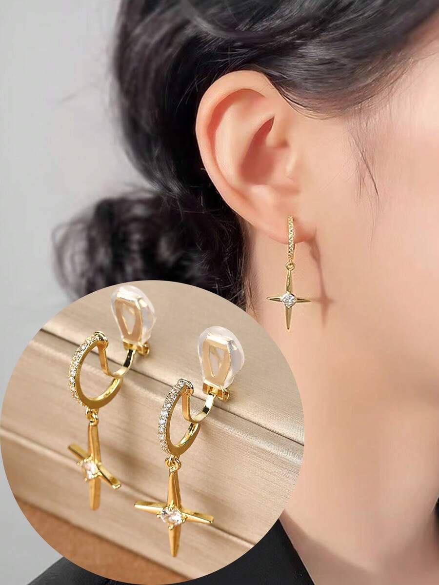 1 Pair Fashionable New Zirconia Circle Cross Pendant Copper Clip-On Earrings For Women Without Pierced Ears, High-End Elegant Ear Jewelry Suitable For Daily Wear And Holiday Gifts - Ear Clip - View 1
