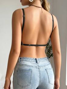 1pc Women's Casual Minimalist Solid Color Deep V-Neck Spaghetti Strap Backless Bra, Comfortable & Suitable For Wedding Dress - Black - View 7
