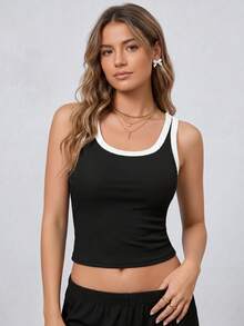 1pc All-Season Large U-Back Contrast Color Ribbed Tank Top, 2-In-1 Built-In Padded Sports Yoga Tank, Versatile Outerwear & Base Layer - Black - View 3