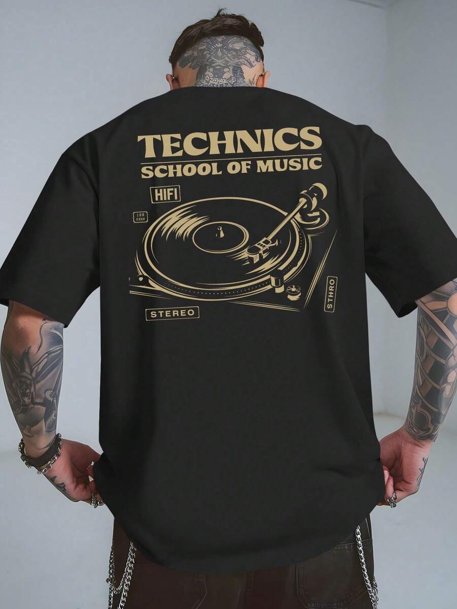 T-shirt da uomo in stile retrò anni '80 con stampa musicale: design vintage di un giradischi da DJ e di un disco in vinile con il logo Technics School. - nero - Visualizzare 1