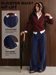 FWH Daily Essential Pants Street OOTD, Women's Fitness Yoga Workout Running Sports Long Pants Wide Leg Pants Fall - Navy Blue - View 5