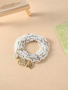 3pcs Alloy Tree Of Life Pendant Bohemian Style Grey White Rice Bead Bracelets - White - View 2