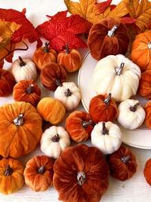 8/1pc Thanksgiving Artificial Pumpkin, Faux Velvet Pumpkin Orange Brown White Artificial Pumpkin Berry Maple Leaf Decoration, Autumn Table Centerpiece Decor, DIY Decoration, Autumn Harvest Festival Decoration, Halloween Decoration, Thanksgiving Decoration, Desktop Decoration, Thanksgiving Gift, Party Decoration, Home Decor - Velvet Pumpkin Ornament - View 5