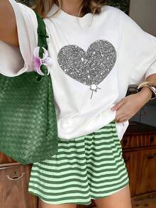 Sparkly Silver Glitter Heart Balloon Graphic T-Shirt, 100% Cotton Oversized Soft Fun Tee, Casual Crewneck Top For Parties & Teen Girls - 白色 - 查看 12
