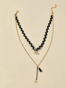 1pc Women's Fashion Vintage Personalized Wave Rope Gold-Plated Chain Rhinestone Double Layer Necklace Choker - Multicolor - View 3