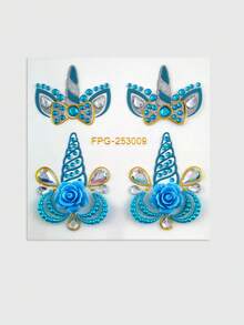 1pc Blue Unicorn Flower Face Rhinestone Sticker, Teardrop Colorful Rhinestone + Flower Style, Waterproof Long-Lasting Brow Center Sticker, Music Festival Party / Sweet Cool Hot Girl Makeup Accent - Multicolor - View 11