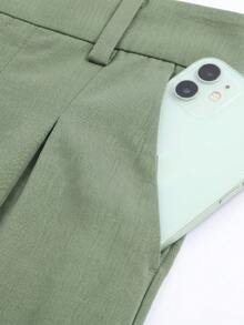 UREREM 2pcs Woven Fabric Casual Outfit - Short Sleeve Shirt & Pants Set, Versatile & Practical, Urban Chic Summer Elegant - Green - View 3