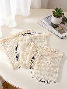 Lace Mesh Drawstring Bags Daisy Embroidered Storage Pouches Lightweight Portable Organizers For Travel Cosmetics Bag Beige Floral Design Makeup Bags - Beige - View 11