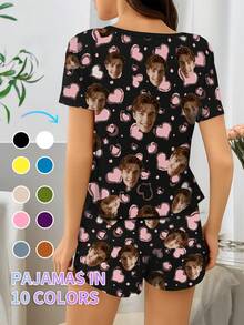 2 Pieces Custom Face Photo Heart Print Women's Pajama Set - Casual Loungewear Home Wear Valentine's Day Romantic Gift - Black - View 2