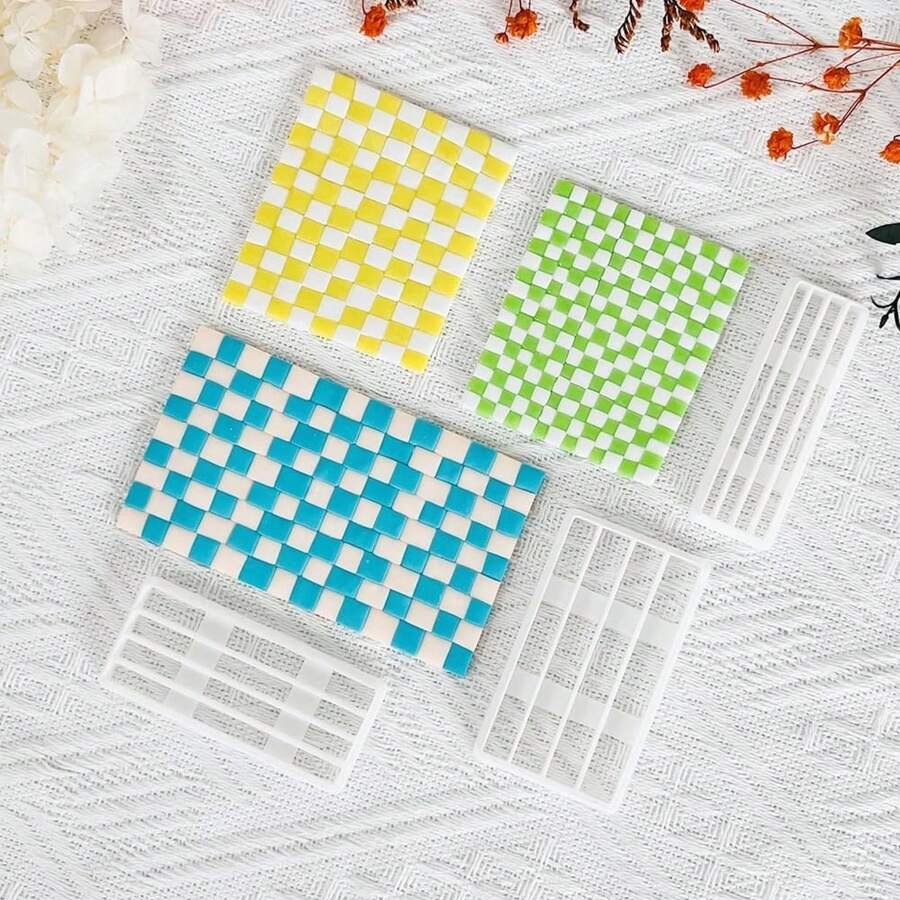 1pc Woven Texture Polymer Clay Cutting Mold For Earring Making - Checkerboard Grid Stripe DIY Handmade Tool, Suitable For Jewelry, Pottery And Clay Craft Projects - White - View 1