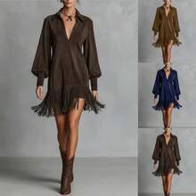 Women's Short Suede Shirt Dress With Lapel Collar, Puff Sleeves And Fringe At The Hem, Various Shades Of Navy And Brown, Western Cowboy Style For Autumn Country Outings. - 藏青色 - 查看 4