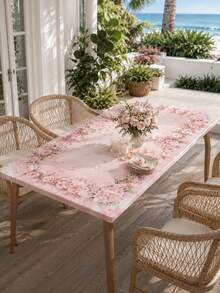 1Pc Pink Rose Round Stretch Tablecloth, Elegant Polyester Elastic Fitted Table Cover, Floral Wreath Print Washable Dustproof Table Protector Slipcover For Dining Table, Kitchen, Wedding, Party, Spring Home Decor - Multicolor - View 5