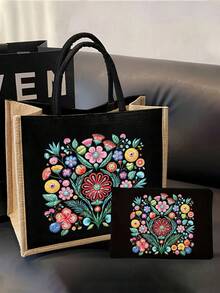 Bohemian Vintage Floral Tote Bag Set, Women's Tote Bag And Wallet Set, Minimalist Decoration, Mexican Style Print Includes Tote Bag And Coin Purse, Eastern European Art Style Large Capacity Women's Bag, Makeup Storage Bag, Simple Large Capacity Tote Bag, Portable Casual Shopping Bag, Multi-Functional Shopping Bag. School Campus & Travel Vacation Back To School Gift Small Gift Exchange, Back To School Season, Valentine's Day - Multicolor - View 14