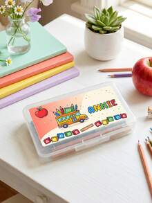 1pc Custom Pencil Case With Name, Clear Pencil Box With Cartoon Apple/Bus Design, Perfect Back To School Gift For Students,Ideal For Classroom And Home Use - Multicolor - View 11