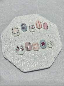 10pcs Star Burst Color Block Cute Style Press-On Nail Tips Handmade Doodle Cat Bow Short Fake Nails Nail Art Supplies (1pc Jelly Sticker + 1pc Nail File) - Multicolor - View 13