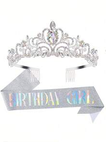 生日女孩緞帶與水鑽皇冠套組，金色亮片生日緞帶水晶公主皇冠配件髮梳，適合女性生日 - 彩色 - 查看 11