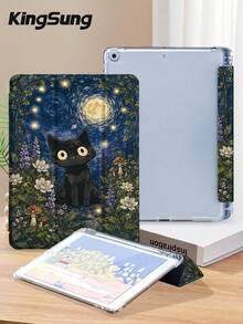 梵谷星夜圖案黑貓平板保護殼，相容於 iPad 9.7/10.2/10.5/10.9/12.9/Pro 11、第10代、Galaxy Tab S6 Lite 10.4"、Kindle Paperwhite 第12代 2024、Kindle (第11代) 2022，柔軟防震保護，智慧支架/自動喚醒/休眠 - 彩色 - View 4