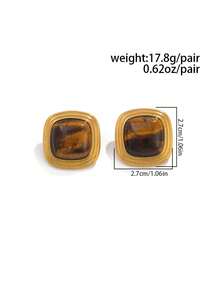 1 Pair Women's Stainless Steel Gold Thick Square Stud Earrings, Faux Tiger Eye Stone Geometric Earrings, Vintage Exaggerated Luxury Fashion 18k Gold Plated Jewelry, Suitable For Daily Wear And Party Outfit - Gold - View 8