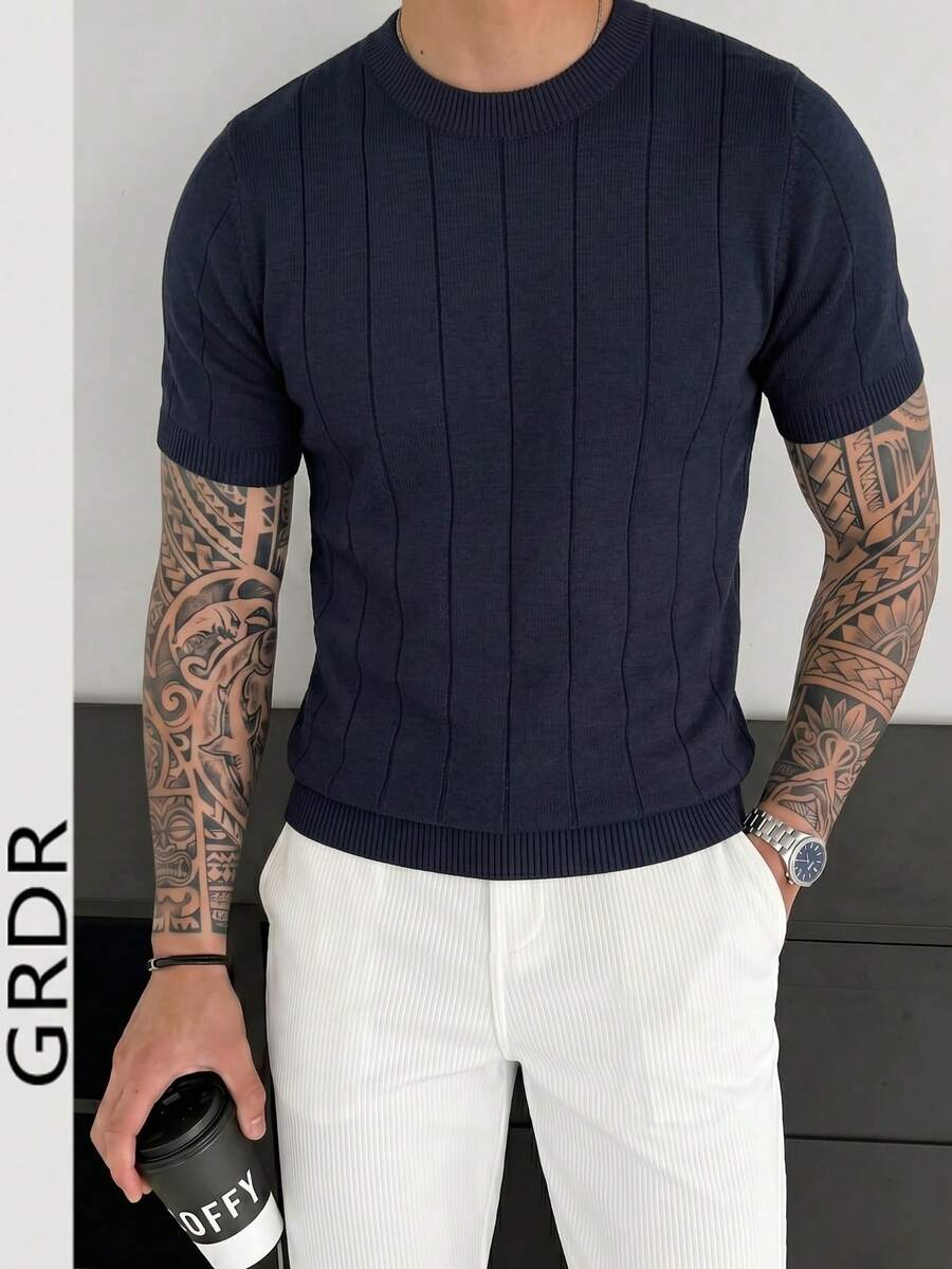 GRDR 男士圆领简约百搭罗纹针织短袖T恤 - 休闲日常穿着 - 藏蓝色 - 查看 1
