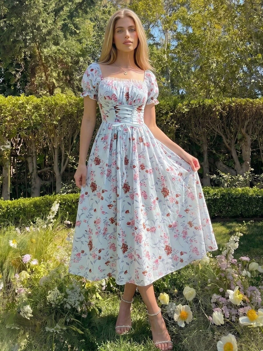 Vestido con cuello de volantes, mangas abullonadas, cintura con lazo y estampado de flores diminutas en patchwork, con estilo francés elegante para vacaciones - Azul - Ver 1