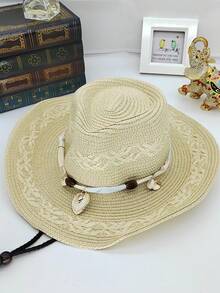 Eshat Panama Straw Hat, Shell Chain Cowboy Straw Hat, Straw Sun Hat, Beach Vacation Straw Hat, Lightweight Breathable UV Protection Sun Hat, Suitable For Travel, Daily Wear, Holiday Gift - Straw Cross-stitch Panama Hat - View 7