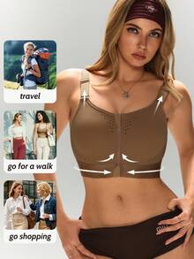 1pc Women's Sports Bra, Back Support & Bust Lift, Anti-Sagging, Front Zipper, Beautiful Back, Yoga Sports Casual Wear Tank Top - Khaki - View 2