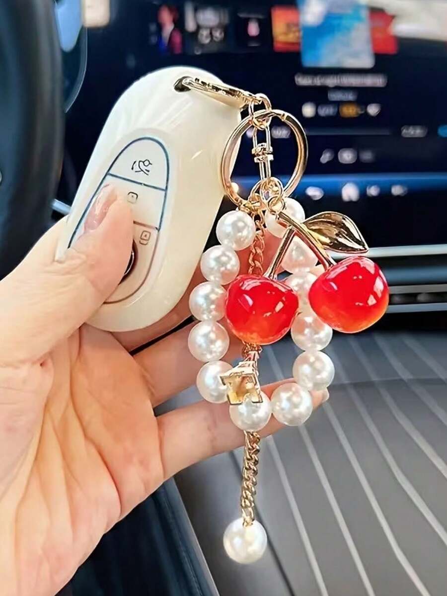 1件時尚串珠桃櫻車鑰匙配件-亮紅色櫻桃女士鑰匙圈,附串珠水果設計,適用於車鑰匙、居家裝飾、包包配件,優雅生日禮物 - 彩色 - 查看 1