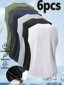 6pcs Men's Solid Color Sports Casual Sleeveless Tank Tops, Mesh Fabric, Inner Wear Home Outdoor Casual Tops Summer - Multicolor - View 2