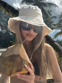1pc Women's Drawstring Trim Bucket Hat, Adjustable Chin Strap Design, Distressed Finish, Soft Fabric, Sun Protection, Windproof, Fashionable - A - View 3