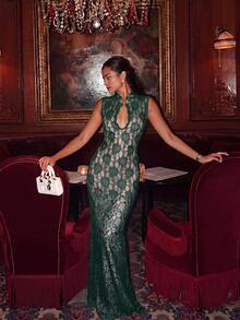 Solid Color Semi-High Neck Lace Trim High Waist Back Slit Evening Gown Vacation - Dark Green - View 4