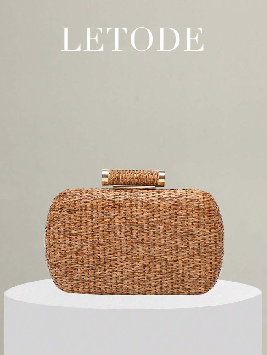 Mini Minimalist Braided Design Straw Bag,Perfect For Summer Beach Travel Vacation, Straw Bag - Coffee Brown - View 1