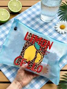 防水海灘化妝包，印有豹紋檸檬與「LIMON CELLO」文字，大容量透氣網格化妝包，便攜式化妝收納包，海灘盥洗包，夏季熱帶風旅行收納包，多功能盥洗包適用於游泳、度假、宿舍、浴室、化妝品、護膚品、配件、文具、海灘用品，可愛學院風，獨特教師節禮物、生日、節日、派對、度假、婚禮、返校禮物 - 彩色 - 查看 6
