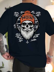 Camiseta de manga corta holgada para hombre de talla, transpirable y resistente al sudor para el verano, top casual, moderno y fresco, con estampado de calaveras y anclas, estilo mari - Negro - Ver 11