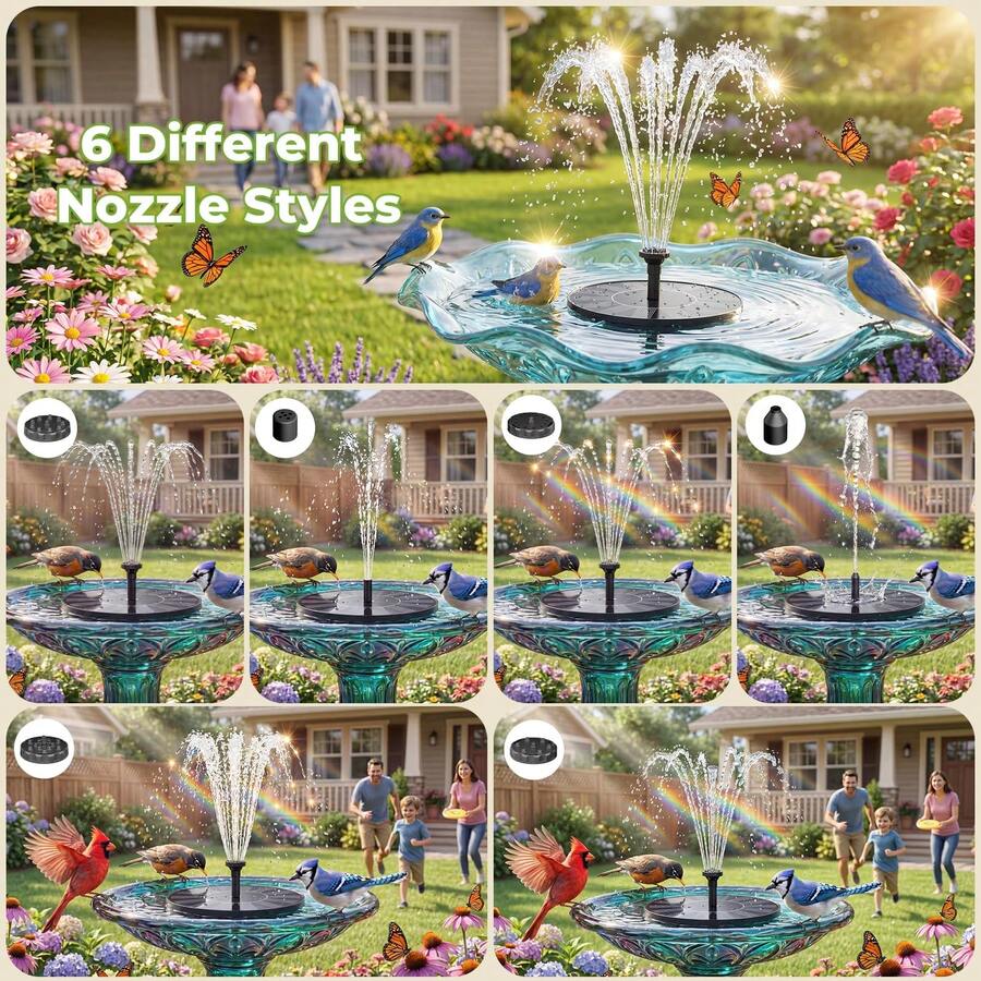 Floating Solar Bird Bath Fountain Pump 1.5w, 6 Adjustable Nozzles Anti-Splashing Submersible Solar Powered Pump For Garden, Yard, Pond, Pool & Outdoor Spring Decoration - 黑色 - 查看 1
